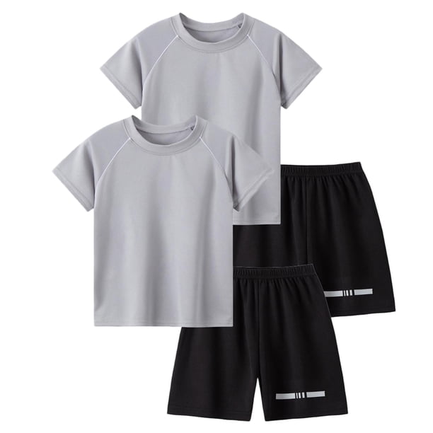 Odeerbi Conjunto Deportivo de Niños de 2 Paquetes Con Rayas Reflectantes, Trajes Deportivos de Secado Rápido Transpirable, Conjunto de Pantalones Cortos de Camiseta de 2 Piezas, 5-12 Años
