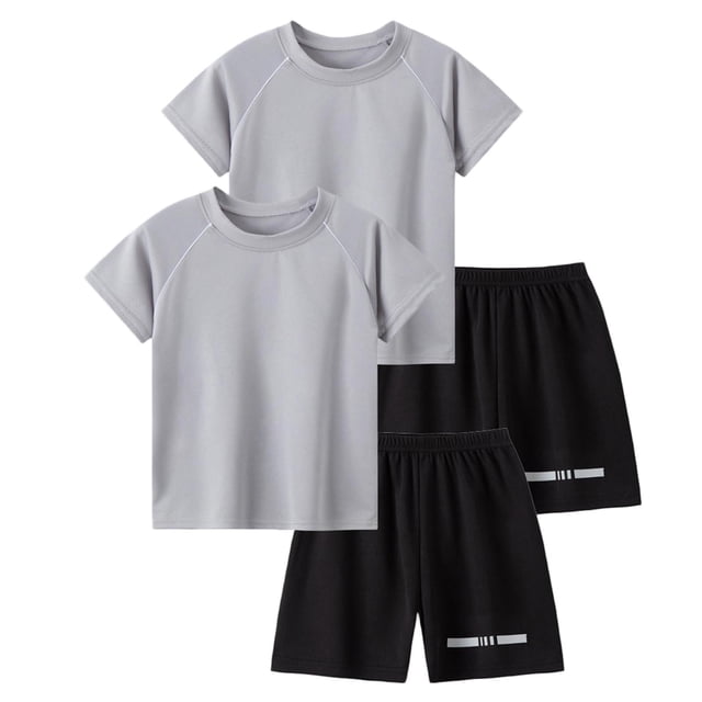 Odeerbi Conjunto Deportivo de Niños de 2 Paquetes Con Rayas Reflectantes, Trajes Deportivos de Secado Rápido Transpirable, Conjunto de Pantalones Cortos de Camiseta de 2 Piezas, 5-12 Años