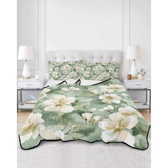 Quilts Twin Size, Sage Green Spring Floral Soft Comforter Bedding Set for Bed, Summer Botanical Farmhouse Lightweight Quilted Bedspread with Pillow Cover(2 Pieces) for All Season, 68x86 Inch