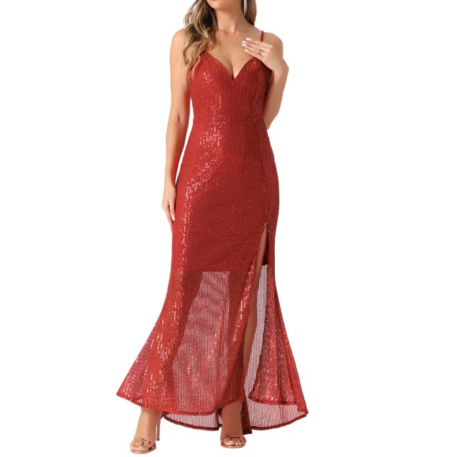 Vestido de Noche de Lentejuelas INSPIRE CHIC para Mujeres con Escote en V y Tirantes Espagueti, Vestido Largo con Abertura