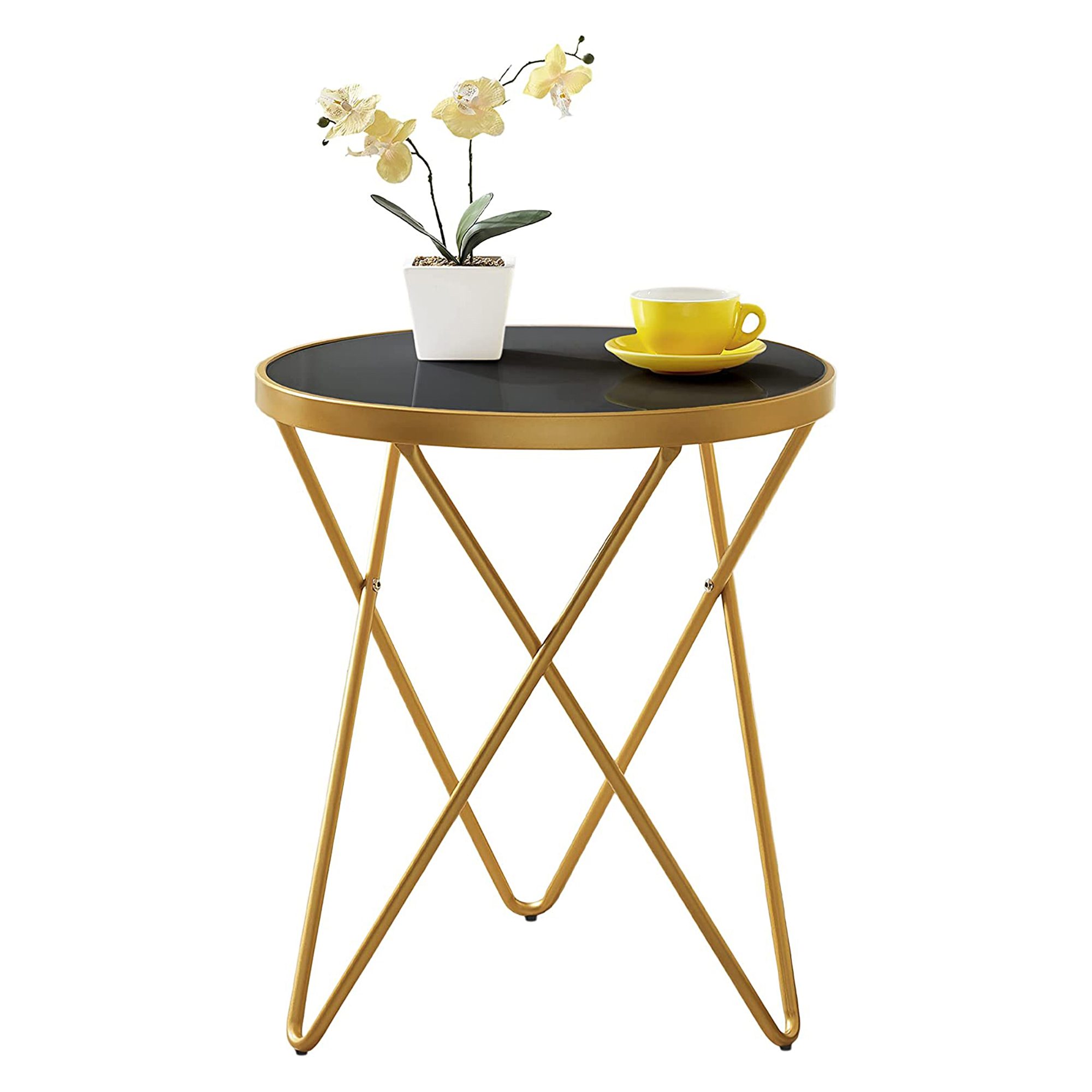 WELLET 20" Round Glass End Table, Gold Legged, Black