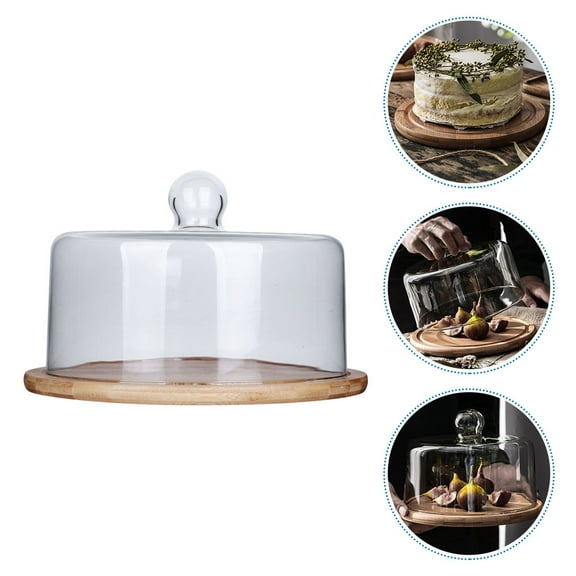 Omeite Cake glass cover transparent with tray dustproof display food cover bread pastry cake plate (medium size)