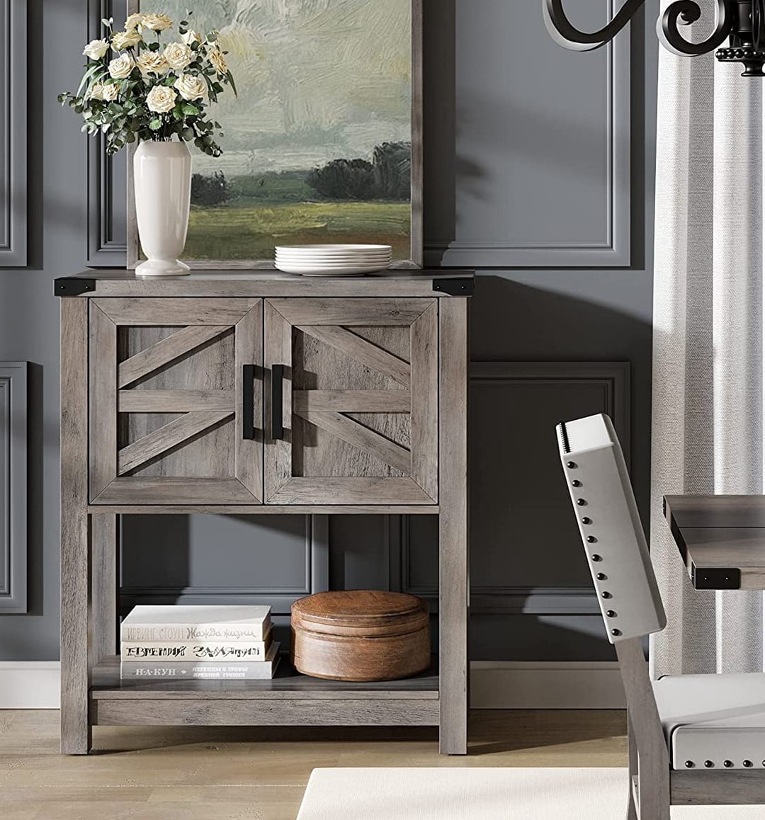 Wampat Modern Farmhouse Buffet Cabinet, Wood Sideboard with Cabinet & Open Storage for Living Room