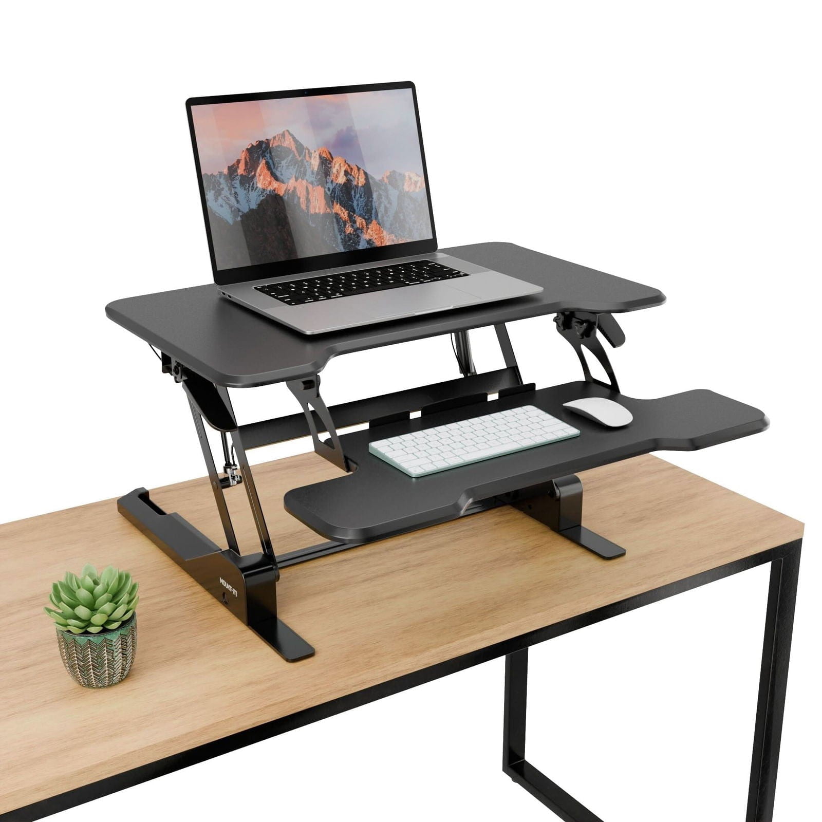 30'' Compact Standing Desk Converter – Height Adjustable Sit Stand Riser with Keyboard Tray, Gas Spring Lift – Ideal for Small Spaces, Home or Office, Black