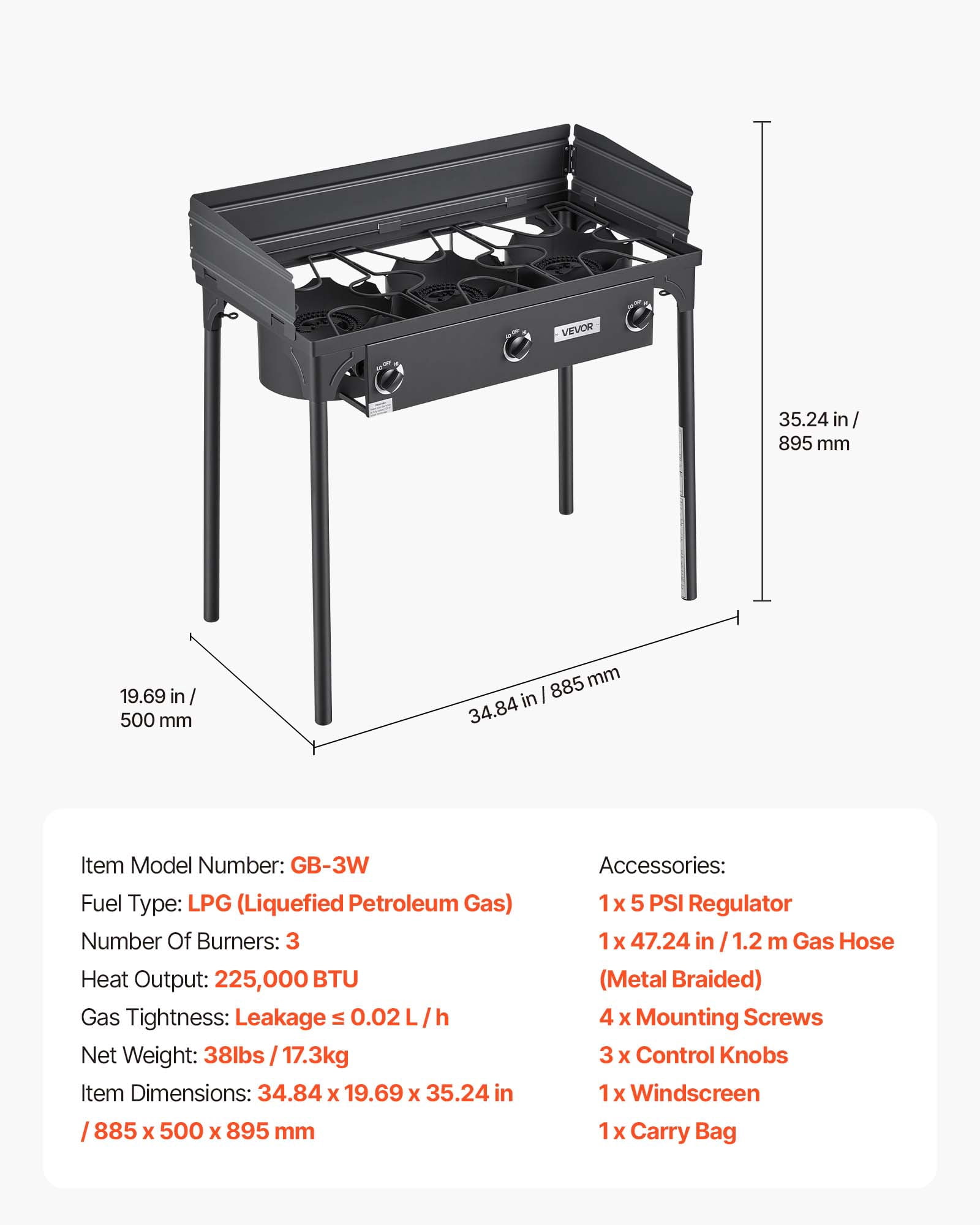 VEVOR 3 Burner Outdoor Propane Gas Stove, 225,000 BTU Propane LPG Gas Camping Stove, Heavy-duty Carbon Steel Outdoor Cooker, with Shield & Tall Stand & Regulator, for BBQ Camp Home Patio Backyard