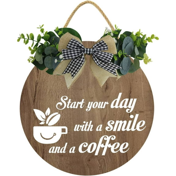 Eveokoki 12" Wooden Wreath,Start Your Day With A Smile And A Coffee Front Door Round Wood Sign Hanging,Porch Decor Sign for Farmhouse,Rustic Wood Wreaths Sign