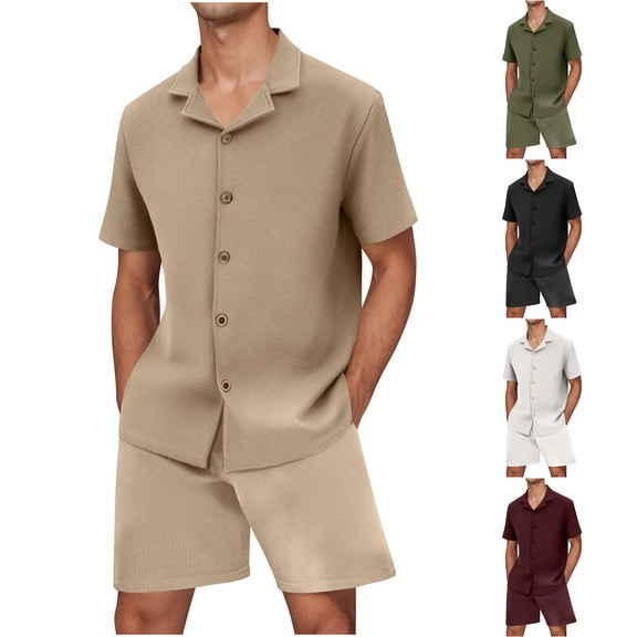 ZZwxWA Mens Short Sets 2 Piece Summer Beach Outfits Short Sleeve Shirts and Shorts Sets for Men Texture Button Down Shirts & Shorts Casual Vacation Set Summer Saving