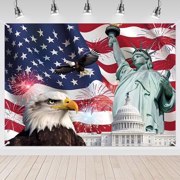 7x5ft American Flag Bald Eagle Statue of Liberty Patriotic Backdrop for Party