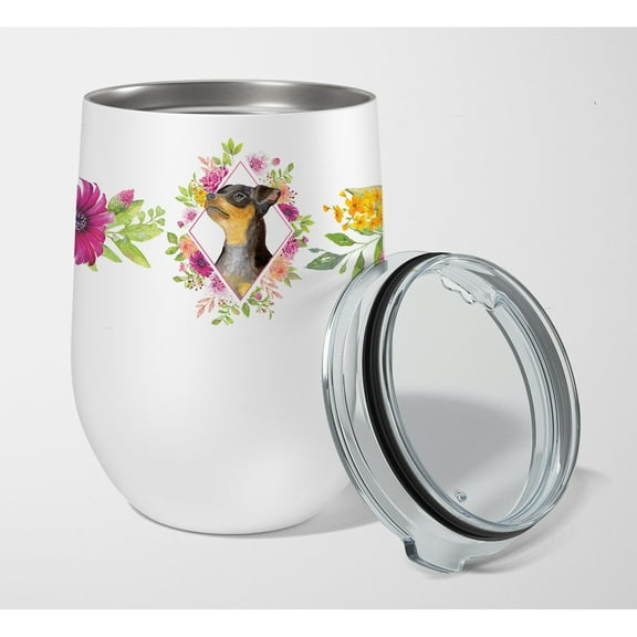 Carolines Treasures CK4196TBL12 Black Miniature Pinscher Pink Flowers Stainless Steel 12 oz Stemless Wine Glass 12 oz
