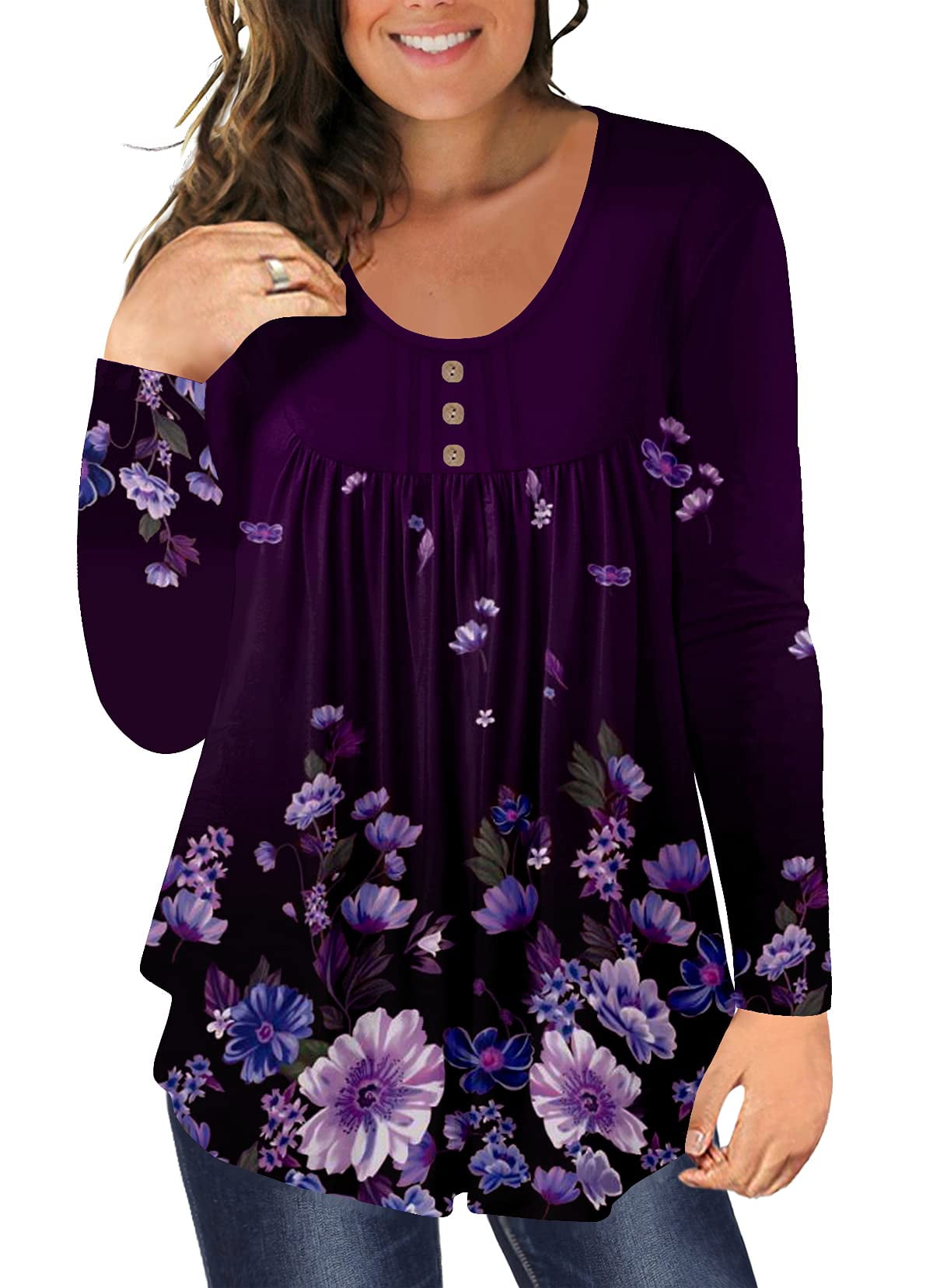 Womens Plus Size Tops Long Sleeve Flowy Henley T-Shirts Pleated Front ...