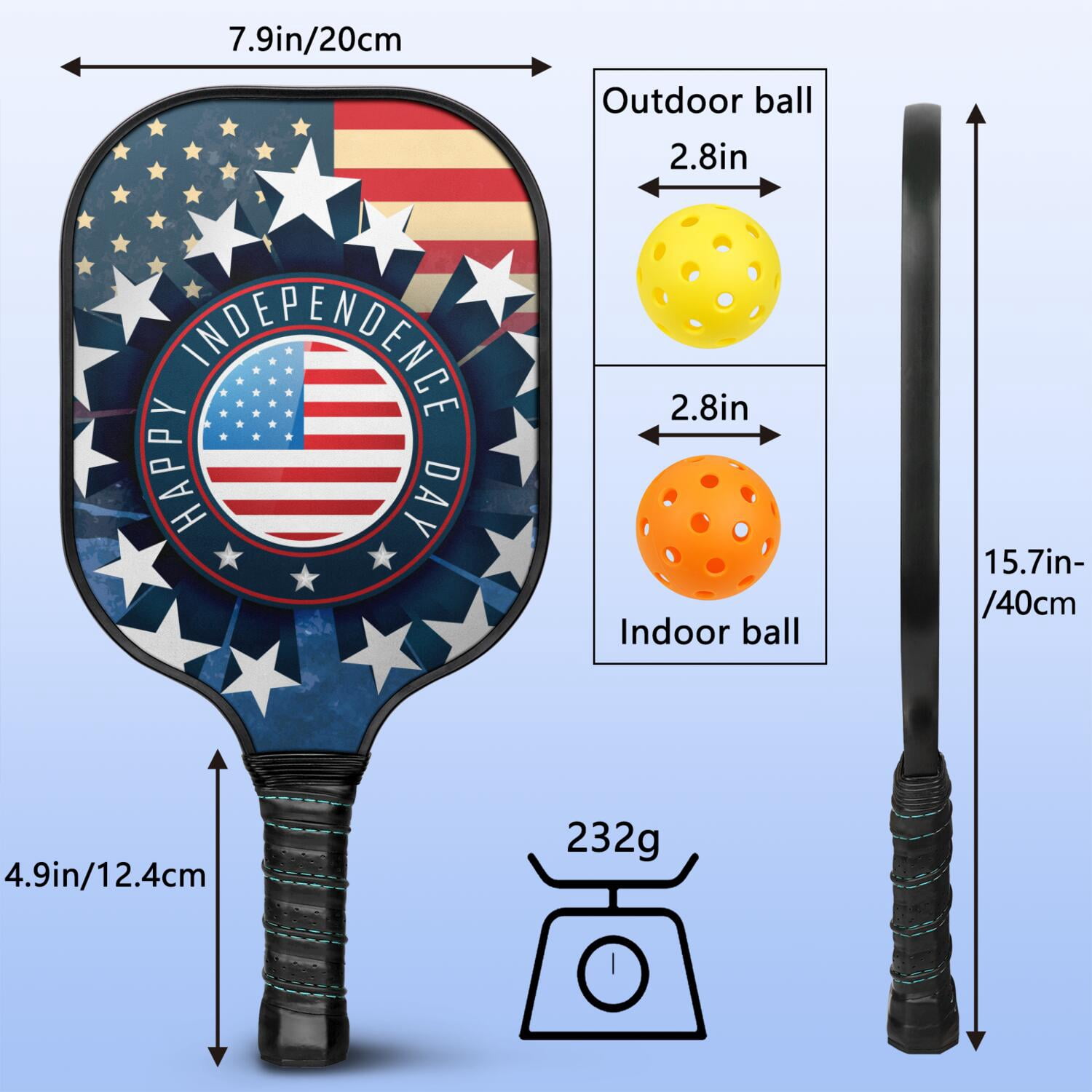 Pickleball Paddles Set Of 2, Fiberglass Surface, USA, Independence Day Print, 4 Balls & Bag