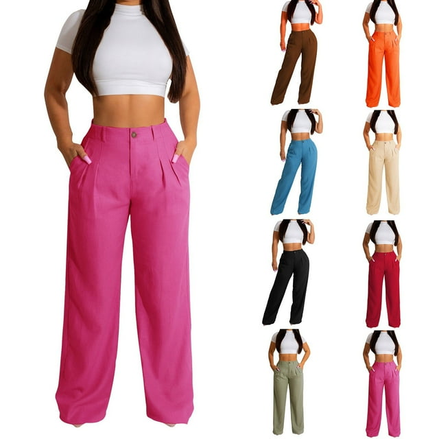 Womens Casual Pants Summer Straight Leg Solid Linen Trousers Orange L