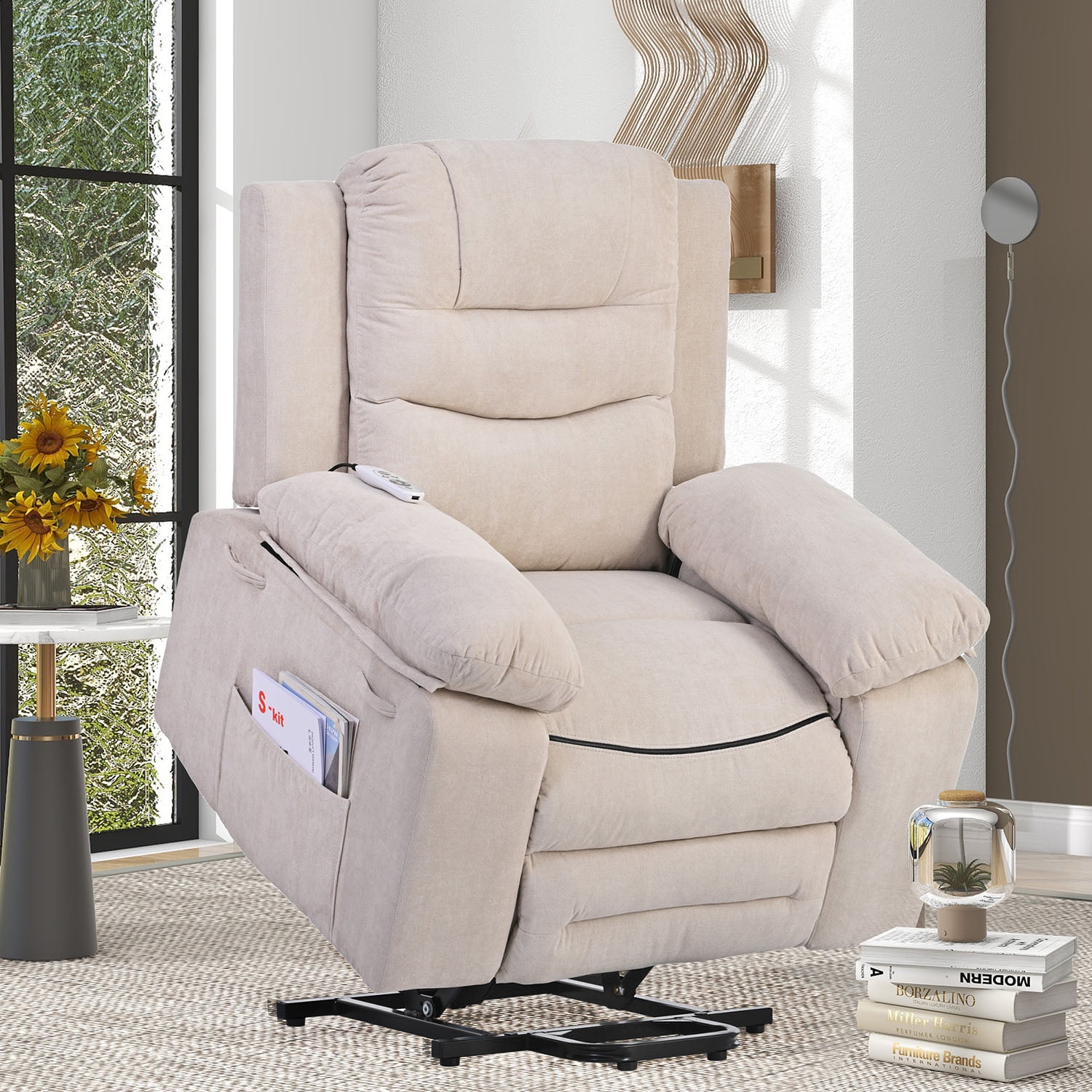 Kadyn Massage Recliner, Modern Power Lift Chair for Elderly, Linen Recliner Chair with Adjustable Massage, Heating Function and Side Pocket, Beige