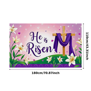 Easter Themed Decorative Background Banner with Cross Lily Elements He is Risen Party Decoration Easter Celebration Photography Props Church Event Decorations