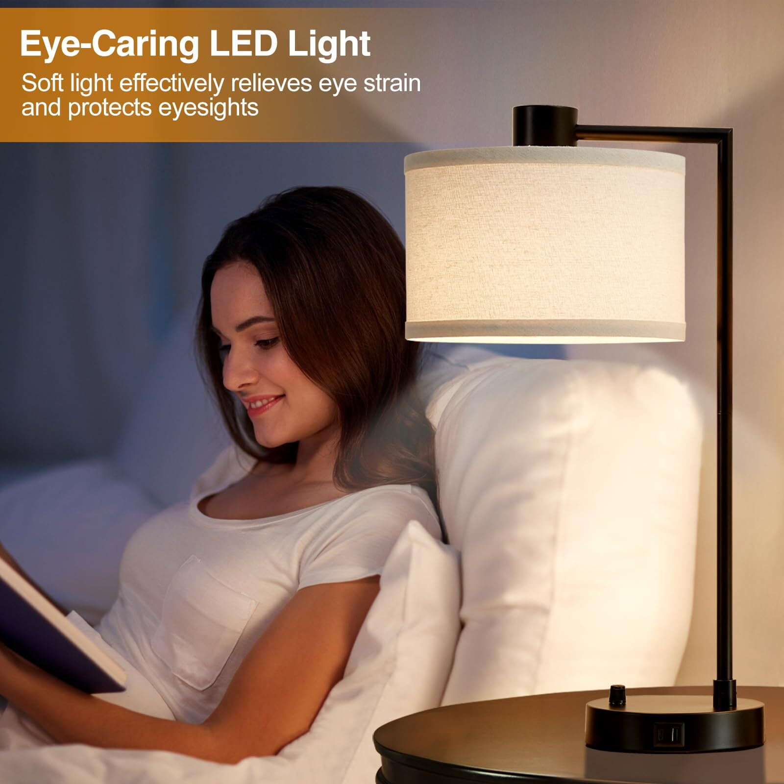NATYSWAN Table Lamp for Bedroom Set of 2 with USB C+A Ports, Fully Stepless Dimmable Bedside Lamp with Linen Lampshade, Contemporary Lamp for Living Room Reading Office, 2 LED Bulbs Included (Black)