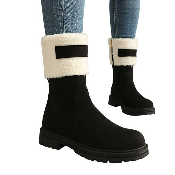 Womens Fuzzy Suede Mid Calf Boots Winter Warm Slip On Snow Booties Casual Lug Sole Platform Riding Combat Boots Black Size 6.5