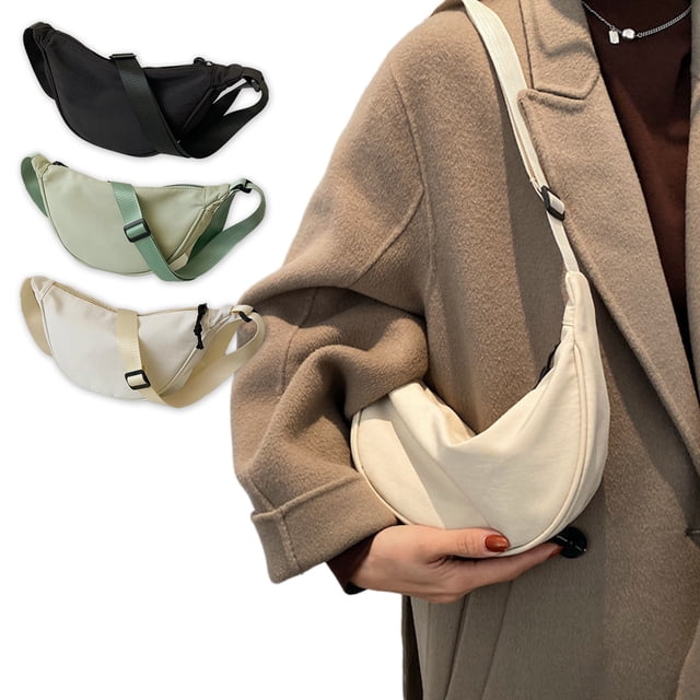 Bolso Bandolera Unisex de Estilo Moderno con Forma de Media Luna, Correa Ajustable, Nailon Ligero | Blanco, Verde, Negro | 17 X 14 X 8 Cm | 200 G | Bolso de Mensajero para El Pecho o El Hombro, Ideal