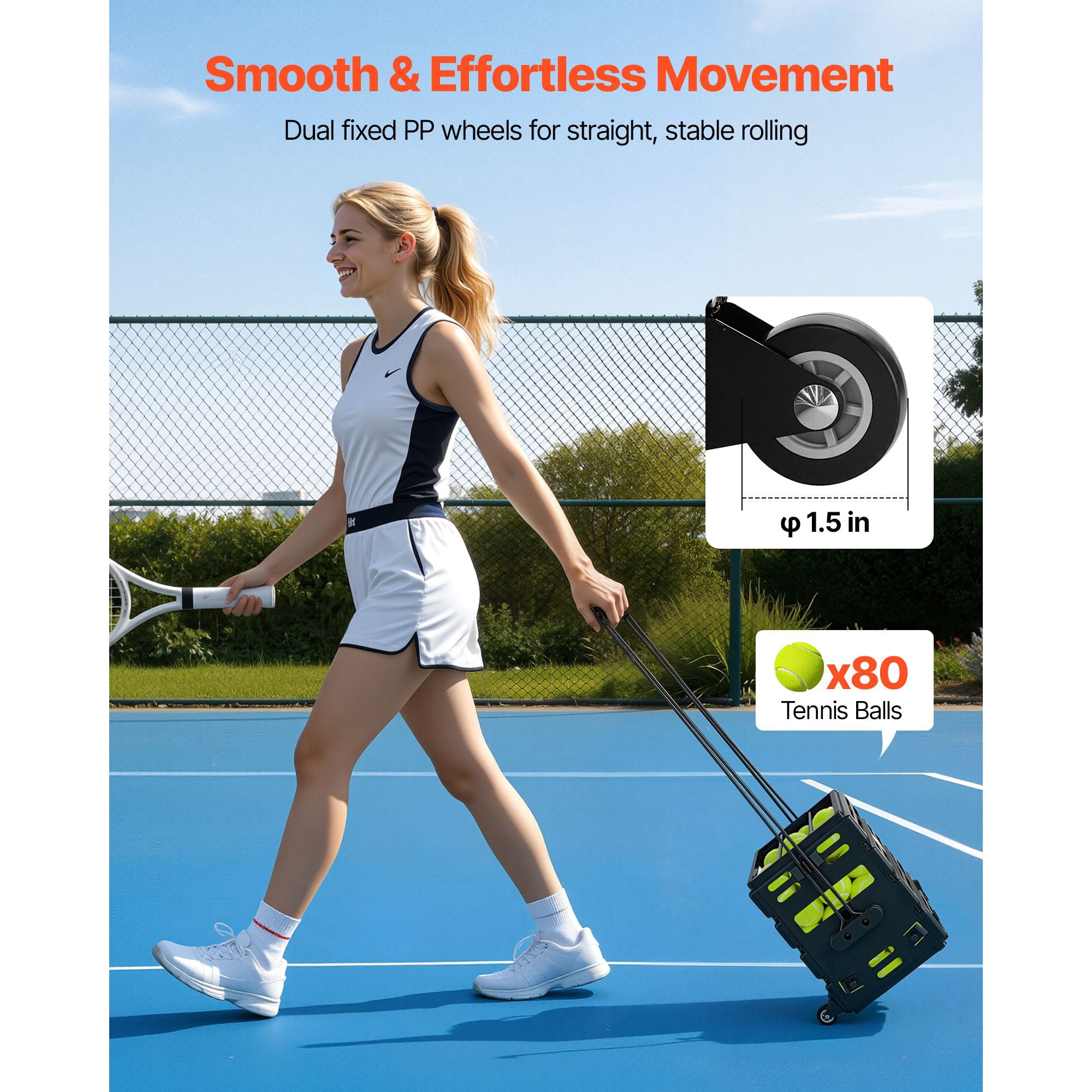 Tennis and Pickleball funnels can hold up to 80 balls, with a wheeled basket cart for heavy convenient collection for training storage