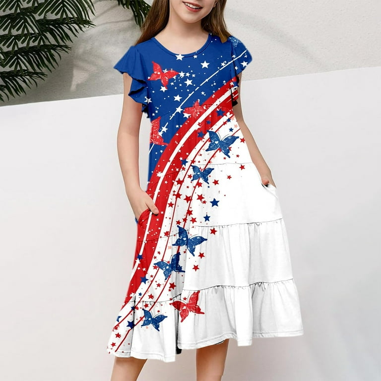 Weebloom Girls Hawaiian Dress,4Th Of July Print Flutter Sleeve Tiered Red  White Blue Patriotic A Line With Pockets Casual Party Kids Dresses For  Girls,14-15 Years - Walmart.com