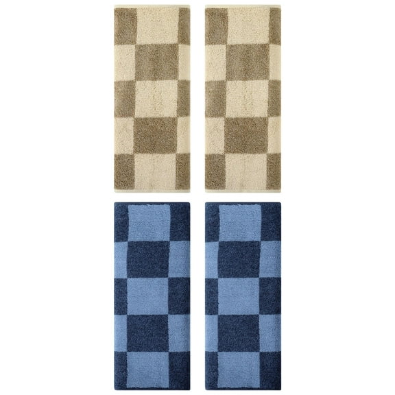 Unique Bargains 4 Pcs Checkered Hand Towel Set Dark Blue/Brown 14" x 28"