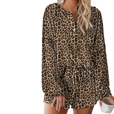 

Women 2 Piece Pajama Set Nightwear Sleepwear Loungewear Tie-Dye Leopard Print Long Sleeve Top + Ruffled Shorts