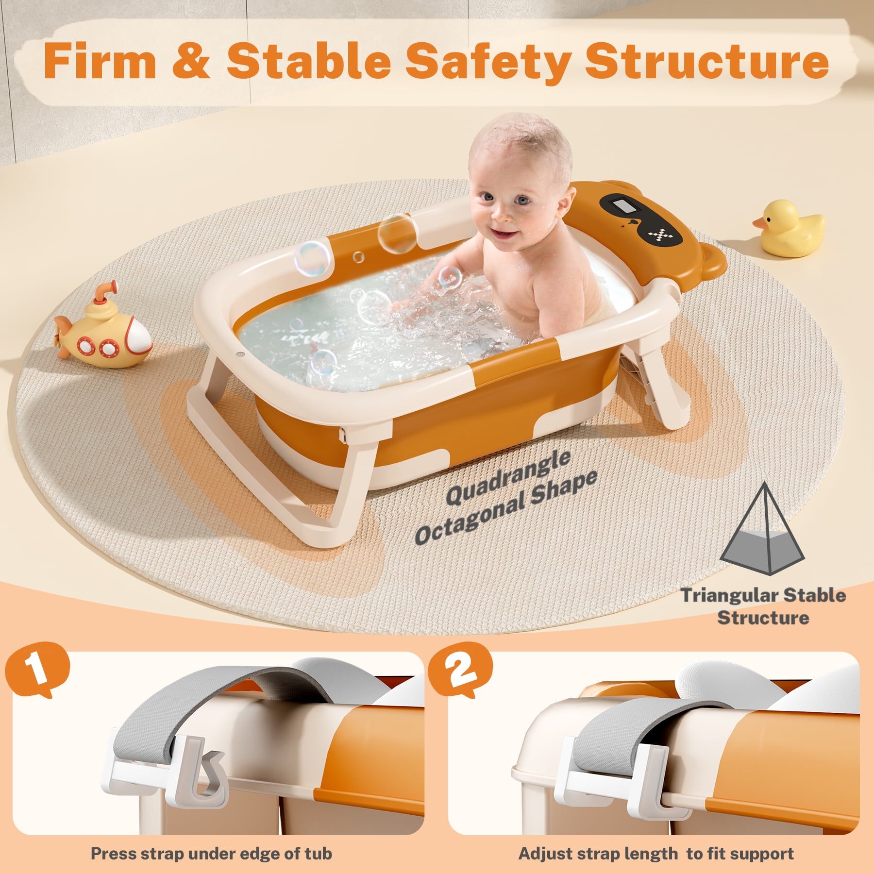 COOSEYA Baby Bathtub ,Collapsible Baby Bathtub , Bath Tub with Cushion and Thermometer ,Newborn to Toddler Portable Travel Multifunctional Bathing 0-2 years (Bear/Brown)