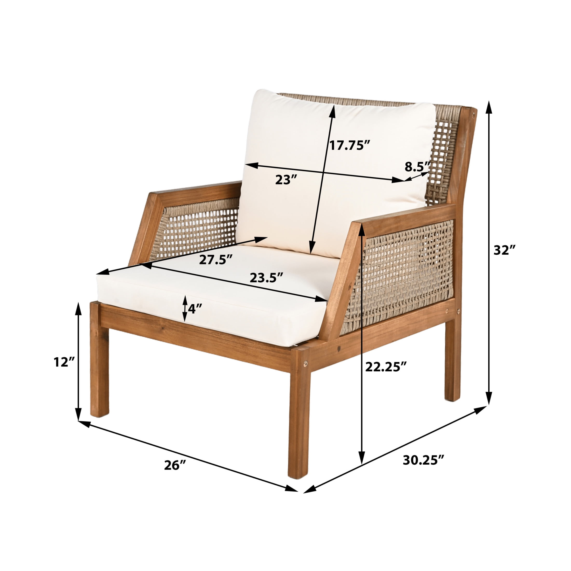 Boho Outdoor Patio Wicker Club Chair, Armchair with Solid Wood Frame, Water-Repellent Cushions, Cream, Set of 2