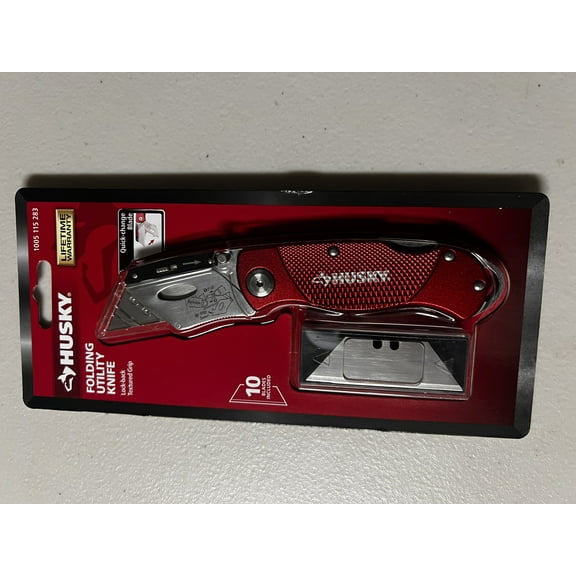 Husky Folding Lock-Back Utility Knife, Red with 10-Blades