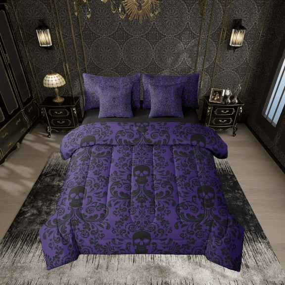 Damask Gothic Bedding Set Adults Antique Victorian Bed in a Bag King Size Comforter Set 7 Pieces,Purple Black Sugar Skull Sheet Set Vintage Floral Goth Bed Set,Bone Skeleton Bohemian Decor