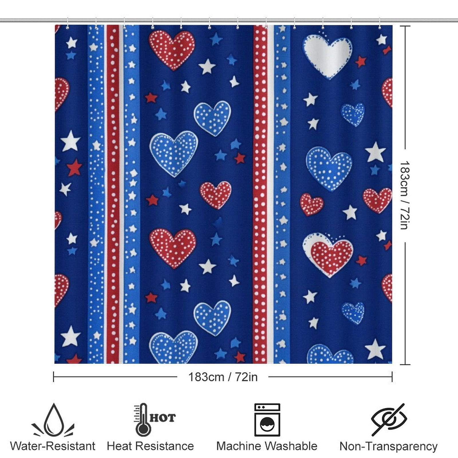 Shower Curtain Sets with Rugs 4 Piece USA Hearts & Stars Bathroom Sets with Curtain Rug Toilet Cover And U Shaped Mat Memorial Day Decorations Farmhouse Bathroom Shower Set for Bathroom Decor