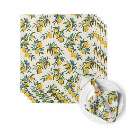 Cloth Napkins Summer Lemon Leaves Sketch Washable Soft Kitchen Dinner Napkin Set of 4,Farm Yellow Fruit on Beige Reusable Cocktail Napkins for Wedding Holiday Party Event,20x20In