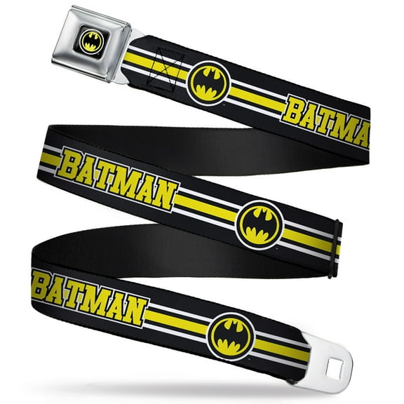 DC Comics Belt, Seatbelt Buckle Belt, Batman Bat Signal Triple Stripe Black White Yellow, 34 to 52 Inches