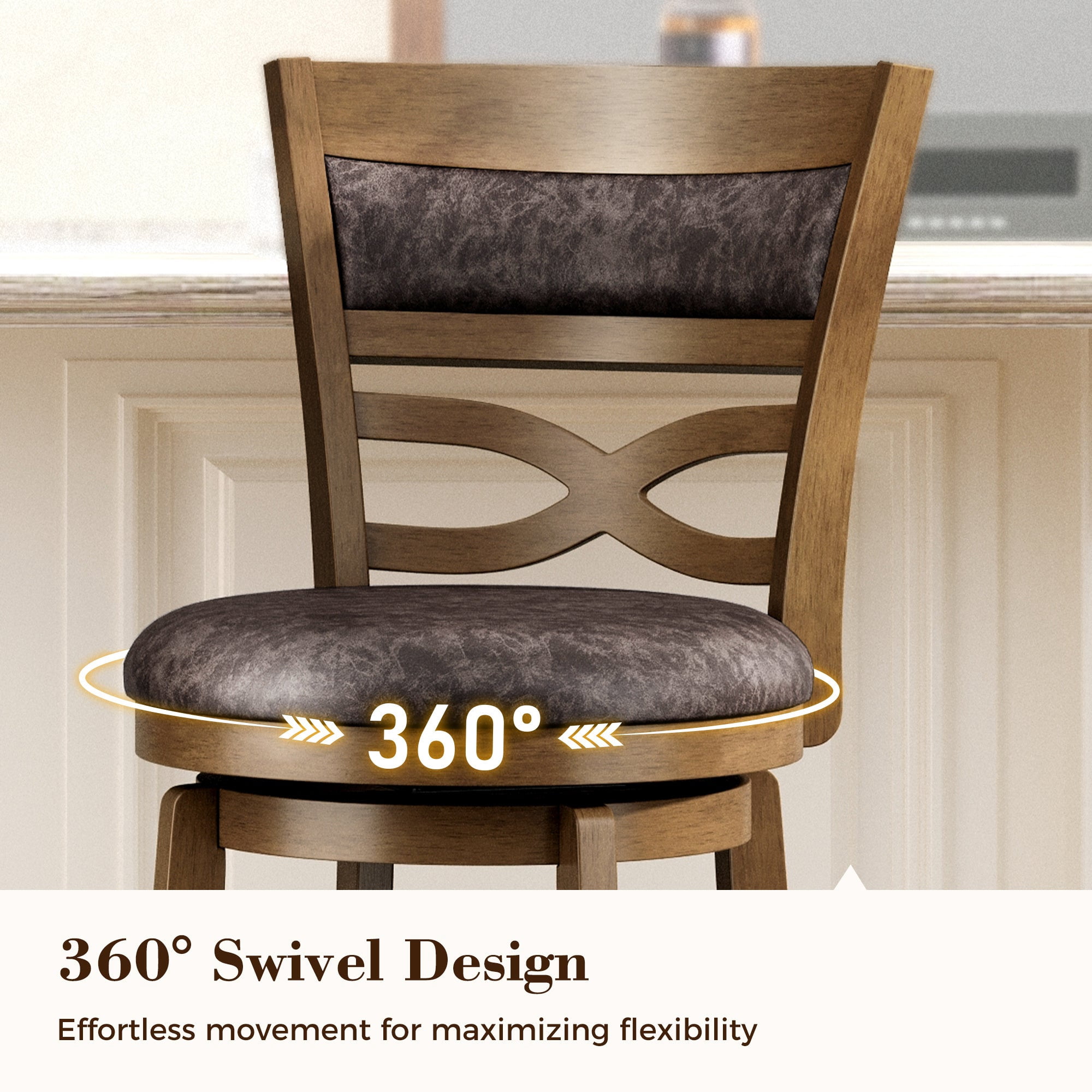 MF Studio 30" Bar Height Stool with Back Set of 4, Wood Swivel Bar Stool with Thick Upholstery Back & Extra Large Seat, Jacobean
