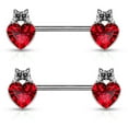thumbnail image 2 of Pair of Nipple Barbell Rings Cat with Black Crystal Eyes over Heart Design 14g, 2 of 5