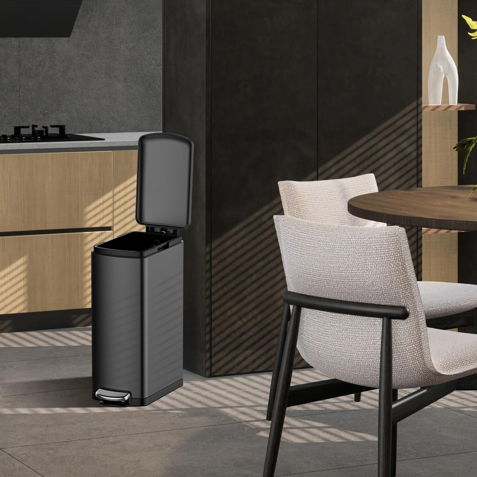 8 Gallon Kitchen Trash Can, Step-On Stainless Steel Slim Garbage Bin with Soft-Close Lid and Inner Wastebasket for Narrow Spaces in Office, Bathroom, Kitchen