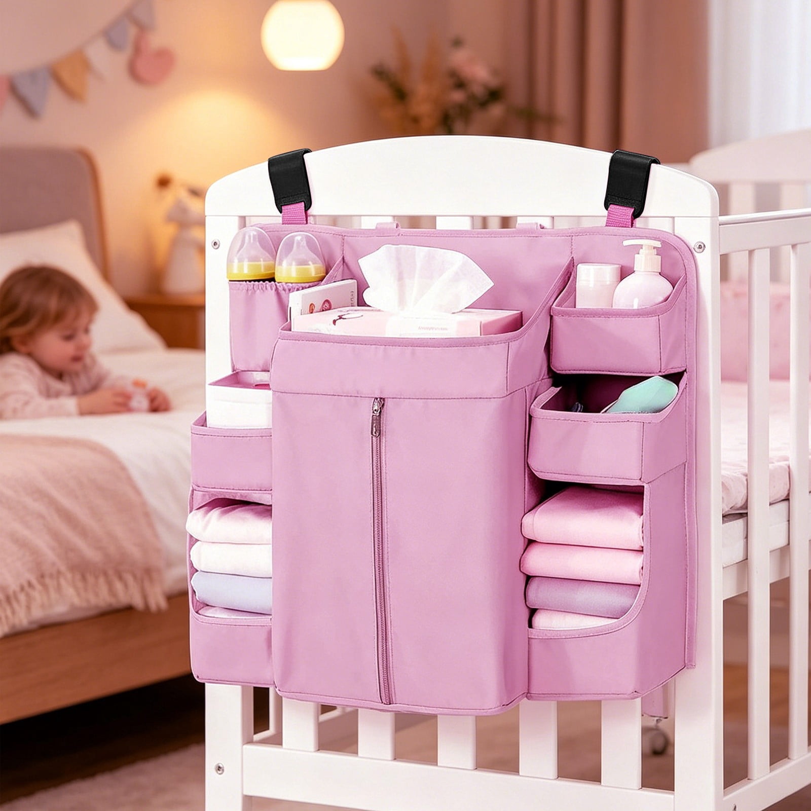 Hanging Crib Organizer with Multi-Pockets, Baby Diaper Caddy Storage Bag, Washable Nursery Organizer for Diapers, Bottles, Wipes and Baby Essentials Pink