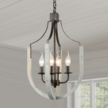 

TOMIYA White Wood Pendant Light Farmhouse Chandelier 4-Light Distressed Dining Room Light Fixtures over Table