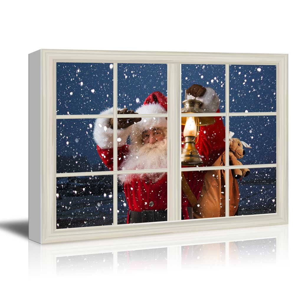 Wall26 Print Window Frame Style Santa Claus Carrying Gifts Coming on