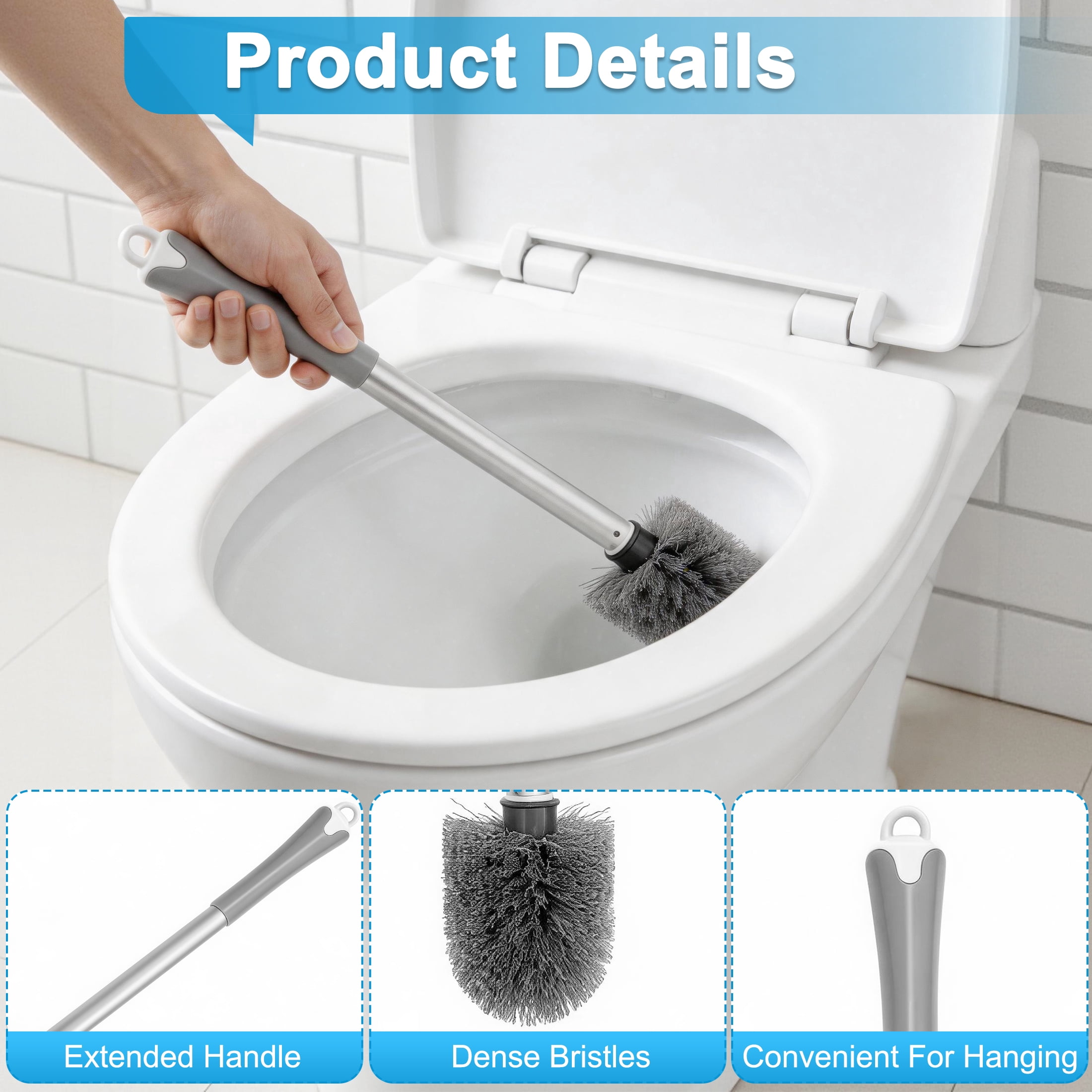 2 Pack Toilet Brush and Holder Set with Side Mini Brush, Toilet Brush Set with Drainage Drawer, Wall Mount & Freestanding Bathroom Toilet Cleaner Brush, Long Handle Toilet Bowl Cleaning Brush
