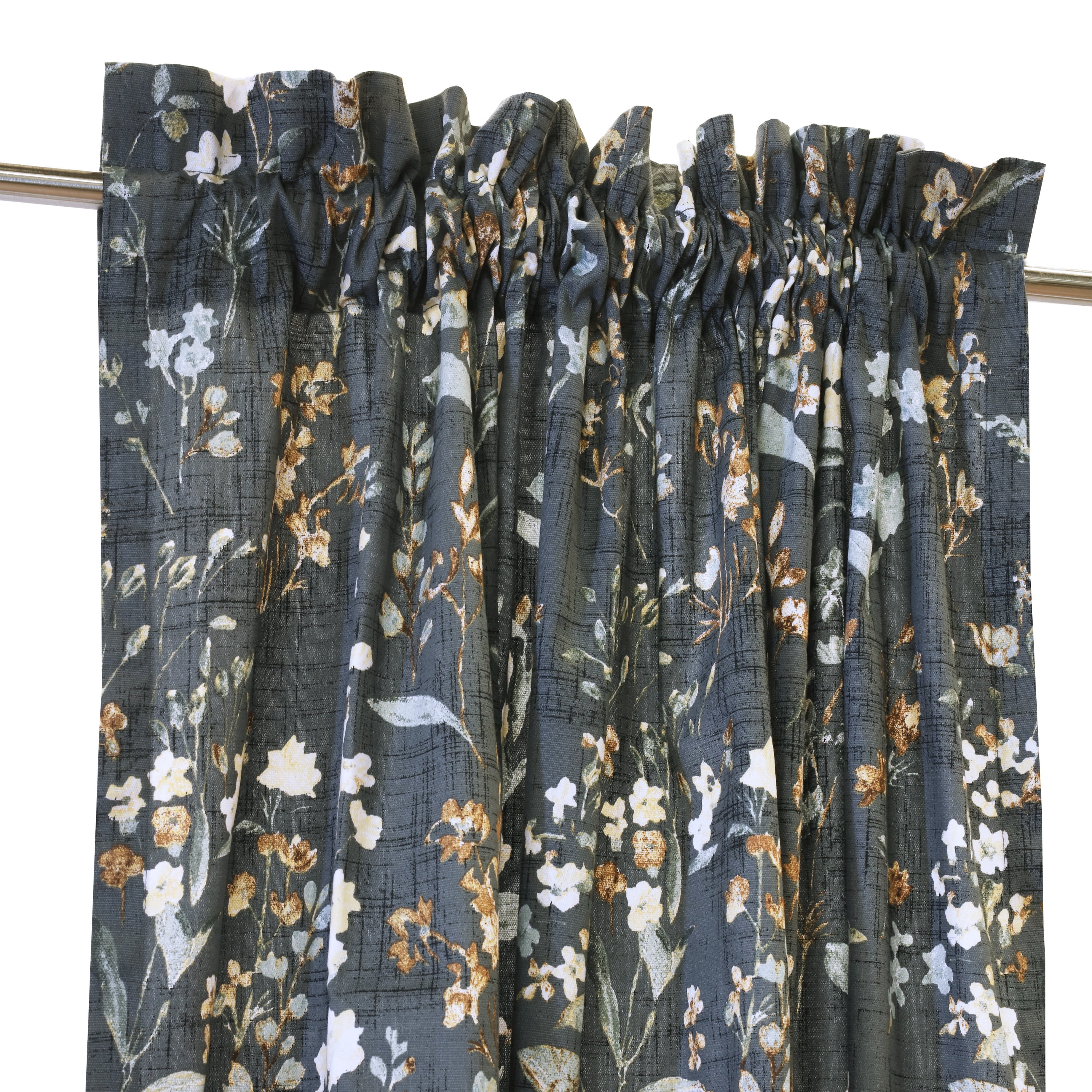 Rosie Textured Cotton Floral Print Curtain Panel - Pair each 50" x 84" in Dark Grey