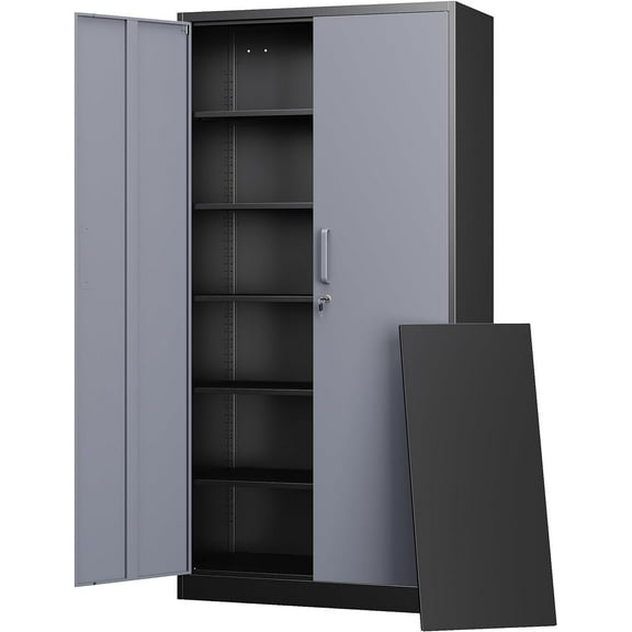 Letaya Metal Storage Cabinet with Lock Door and 5 Shelves,6 Tier Steel Garage Tool Cabinet for Home Office Utility Room 72" H X 36" W X18 D (Black Gray)