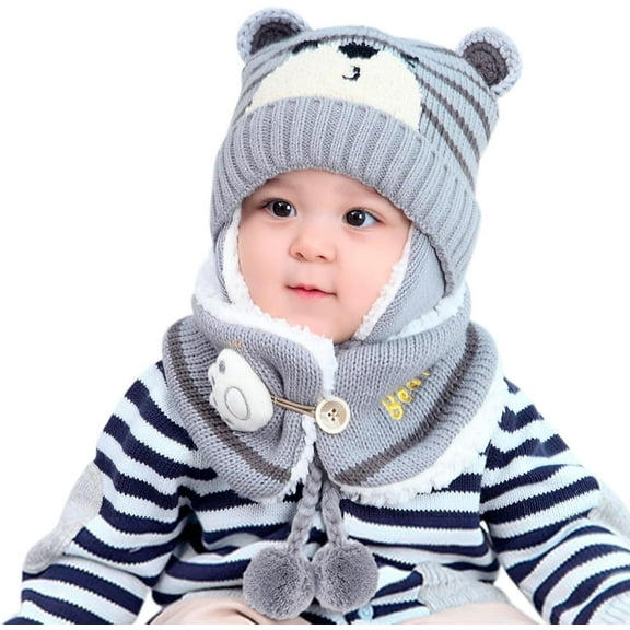 Baby Beanie Hat Scarf, Newborn Toddler Winter Warm Knit Cap, Fleece Lining Winter Warm HAT for Little Boys Girls