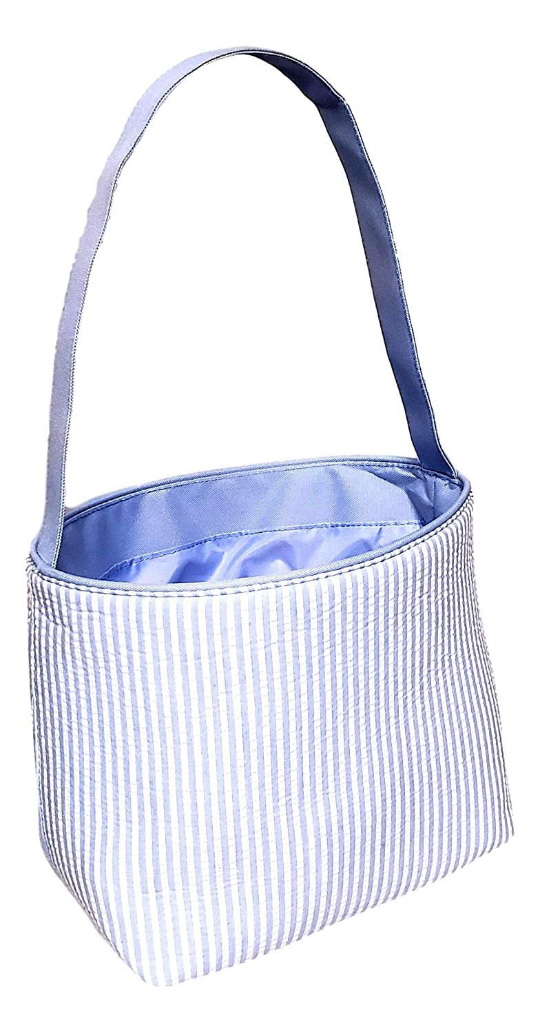 Seersucker Medium Fabric Easter Basket Bucket Tote Bag Blue - No Embroidery