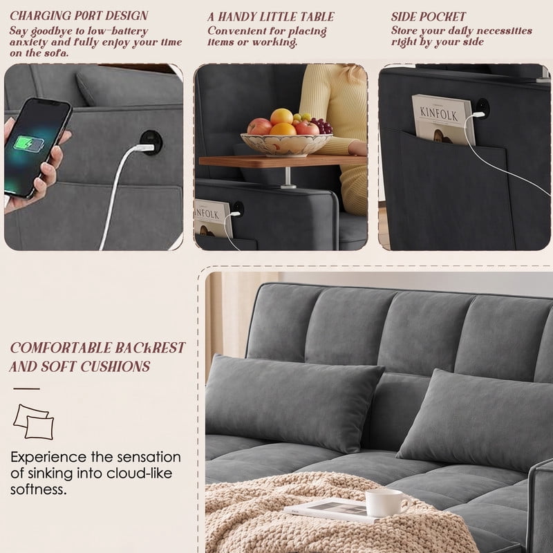 avobird 54'' Pull Out Sofa Bed, Convertible Sleeper Couch for for Living Room, Side Desk, USB Ports, Cup Hold, Velvet Fabric, Adjustable Backrest, Dark Gray