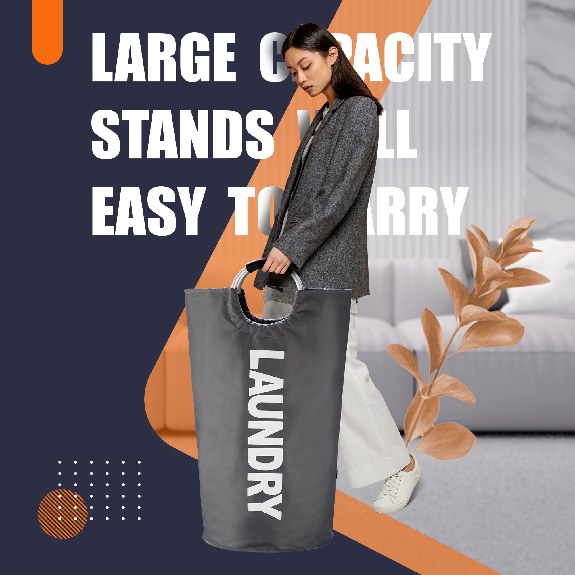 Caroeas 100L Laundry Basket ,Large Laundry Hamper, Laundry Bag with Padded Handles, Clothes Hamper Stands Up Well, Collapsible Free Standing Easy Storage Washing Bin (Dark Gray)