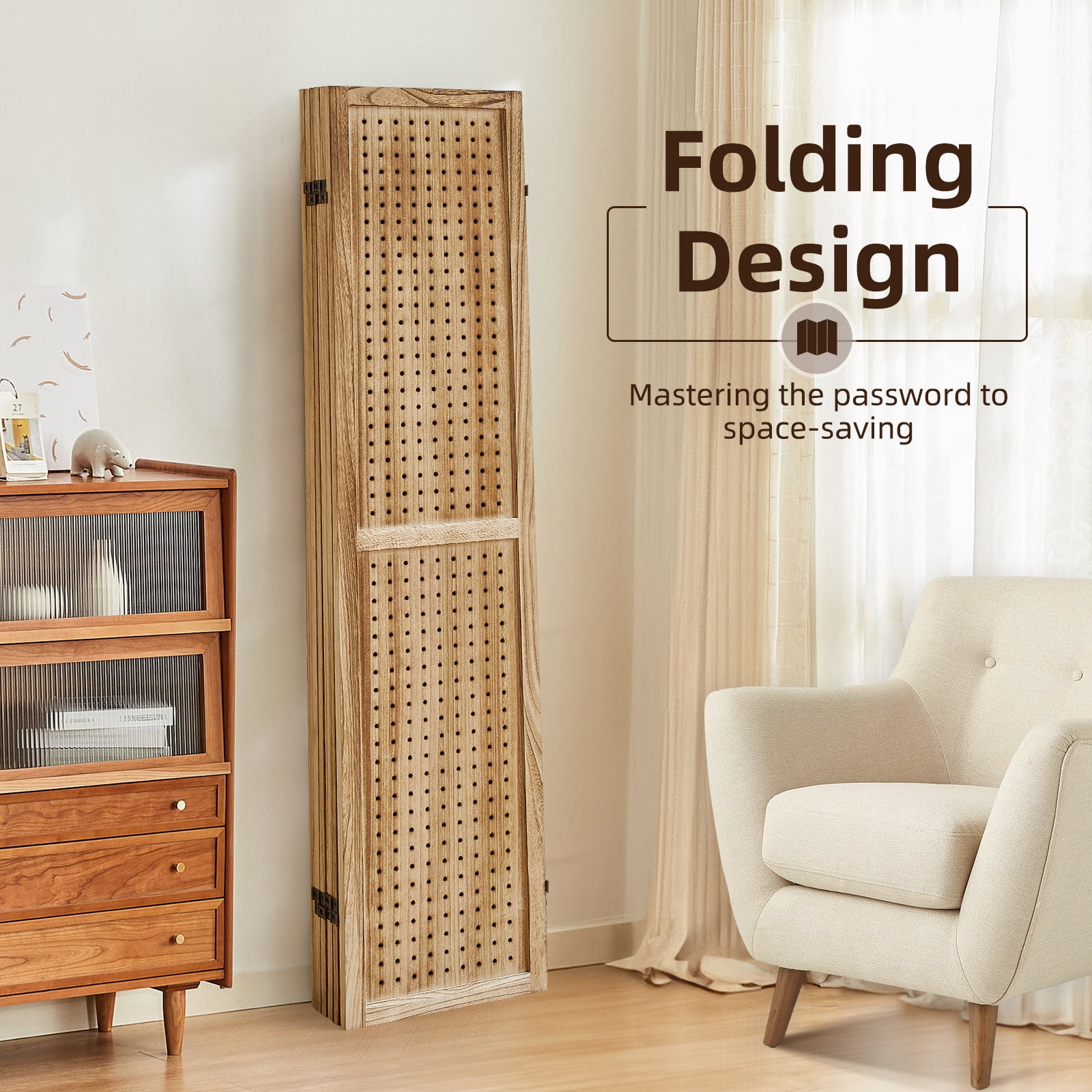 Aletheiawu 6 Panel Display with 24 Hooks, Wood Room Divider Wall, No Installation, Light Brown