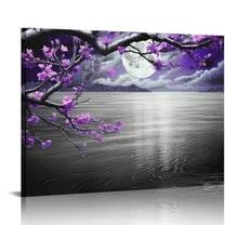 Creowell  Purple Wall Art Decor for Living Room - Framed Black and White Seascape with Full Moon and Purple Flower - Hand-Painted Canvas Picture - Plum Blossom Artwork 20x16 in/16x12 in