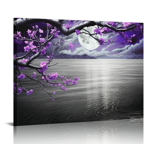 Creowell  Purple Wall Art Decor for Living Room - Framed Black and White Seascape with Full Moon and Purple Flower - Hand-Painted Canvas Picture - Plum Blossom Artwork 20x16 in/16x12 in