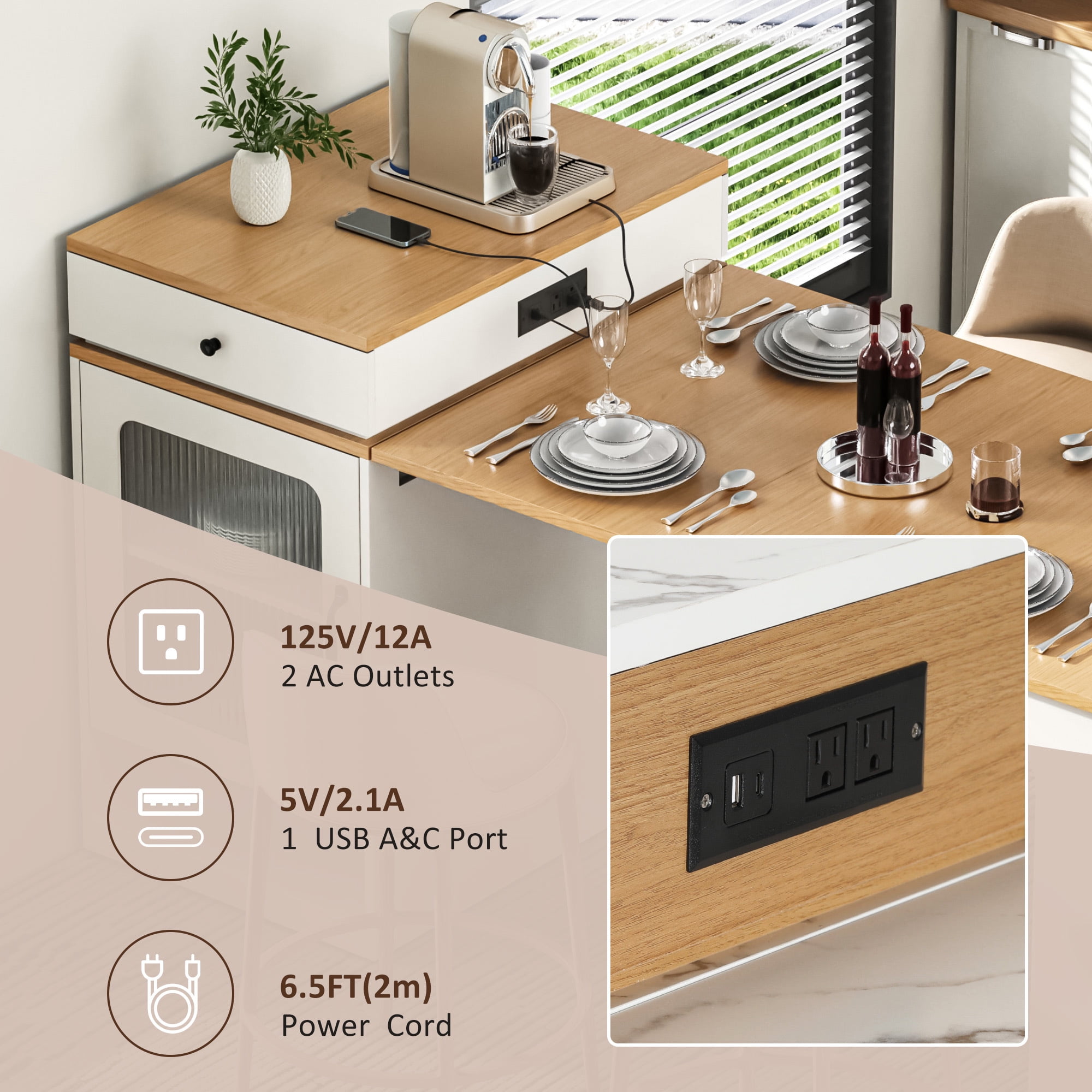 MODERNLUXE 59.5" Kitchen Island with Extendable Dining Table,Large Mobile Kitchen Storage Table with Double-sided Storage,2 Drawers, Open Shelves & Power Outlet,Rolling Islands Cart for Dining Room