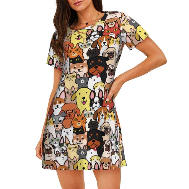 Disketp Cats & Dogs Group para Camisón Corto de Manga Corta para Mujeres, Camisón Cómodo con Escote Redondo, Bonito y Confortable